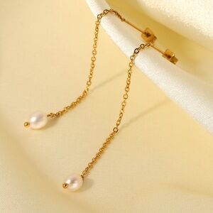 Freshwater Pearl 18K Yellow Gold Plated Linear Dangle Ear Threader Drop Earrings